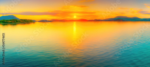 fairytale seascape with a golden sunset, blue hills and water surface with ripples, generative ai mood background