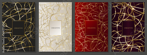 Set of deluxe covers with gold doodles. Curved, plucked and shimmering lines on black,platinum, red and dark purple background. Elegant brochure, invitations, catalog, voucher: vector image.