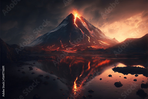 illustration of an erupting volcano near the river AI