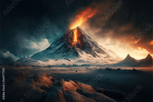 illustration of an erupting volcano near the river AI