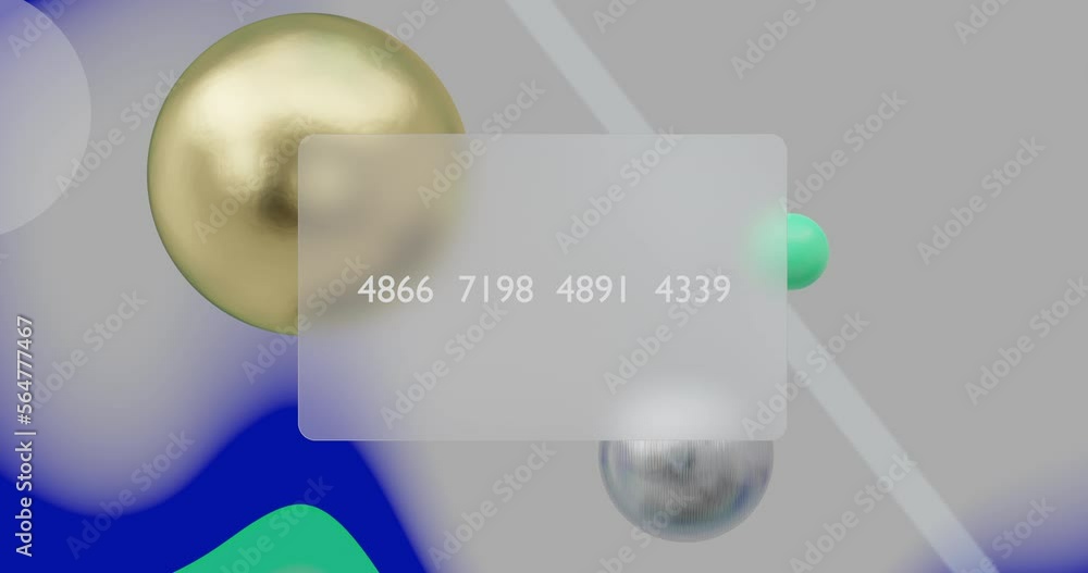 Transparent rendered credit card. Bank card random numbers. Subtle animation of background objects