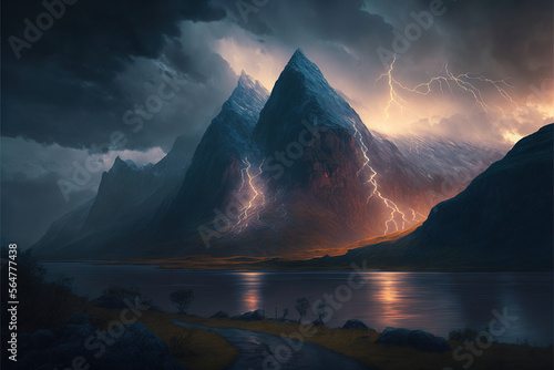 Magical mountain landscape with lightning AI