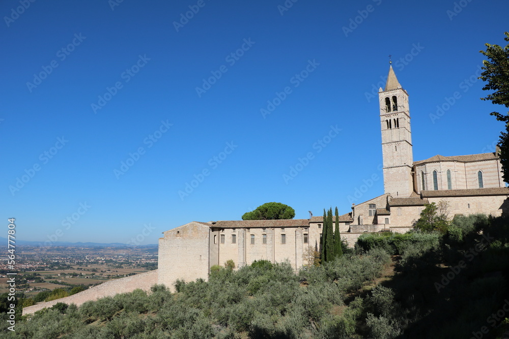 View to the Basilica Santa Chiara in Assisi, Umbria Italy