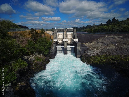 Water discharged released from hydro electricity power plant reservoir Aratiatia Dam in Waikato River Taupo New Zealand