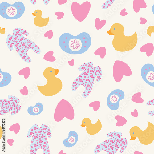 Newborn items seamless pattern on white background.