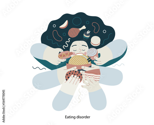 Mental disorders illustration. Eating disorder - modern flat vector illustration of a woman stuffing herself meeting with a stress experience. People emotional, psychological, mental traumas concept