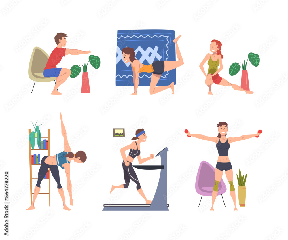 Athletic Male and Female Character Exercising Fitness at Home Vector Set