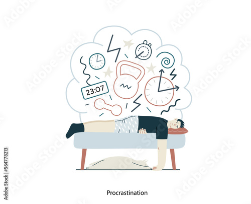 Mental disorders illustration. Procrastination - modern flat vector illustration of man suffering under the weight of problems and obligations. People emotional, psychological, mental traumas concept