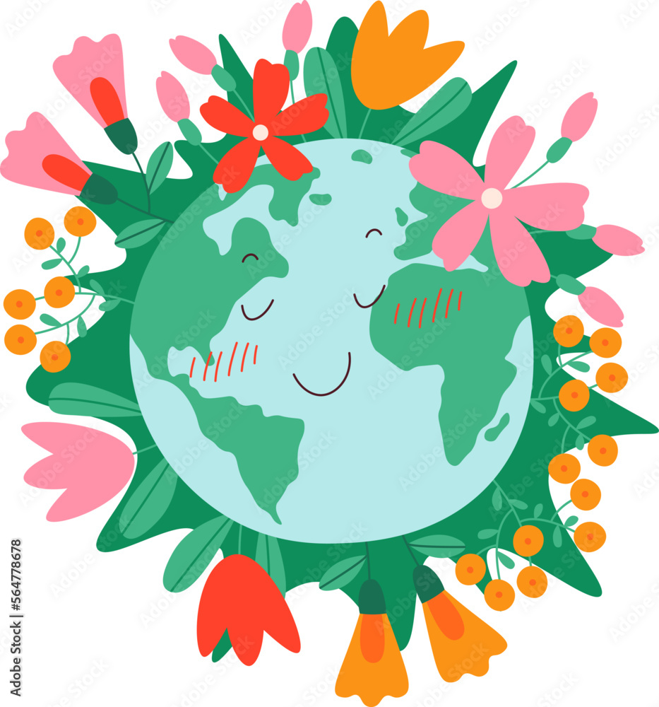 Happy earth with flowers flat icon Planet protection - obrazy, fototapety, plakaty 