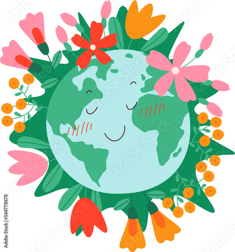 Happy earth with flowers flat icon Planet protection