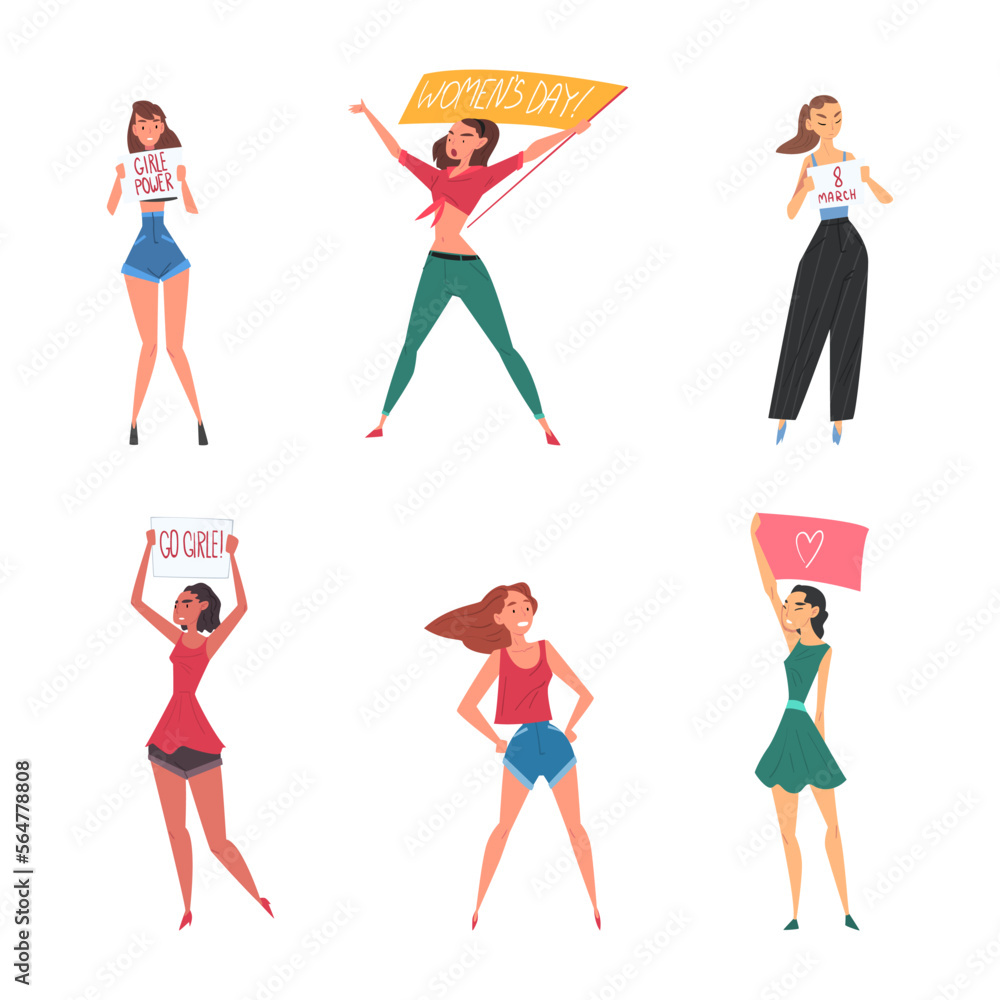 Female Activists with Placard Fighting for Rights Vector Set Female Activists with Placard Fighting for Rights Vector Set