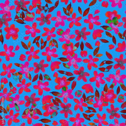 Design with floral seamless watercolor pattern. Hand-drawn bright pink leaves and flowers on a blue background. Color overlay. Modern colors. Plant themes. Great for scrapbooking, packaging, textiles