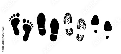 Human Footprints. Set of Footprints with bare feet, boots and womens shoes. Vector illustration.
