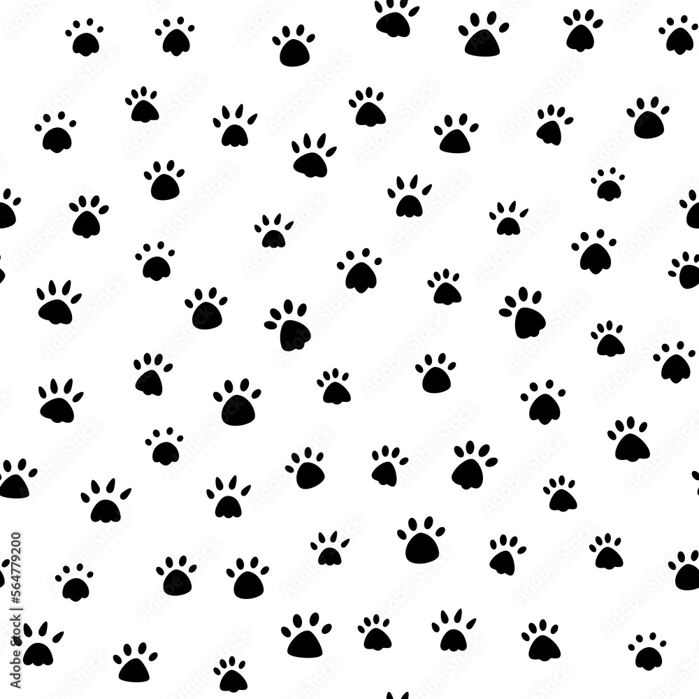 Cat paw print vector illustration. Dog, different black animal footprints on a white background. Seamless pattern of animal paws. Black color on white background Cat paw print vector illustration. Dog, different black animal footprints on a white background. Seamless pattern of animal paws. Black color on white background