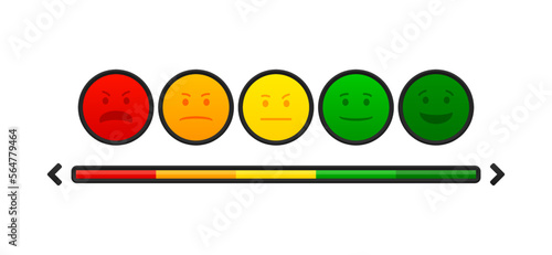 Emotional icons indicating quality, level, rating. Business feedback indicators concept. Grades of different levels, such as bad, normal, good, excellent. Vector illustration.