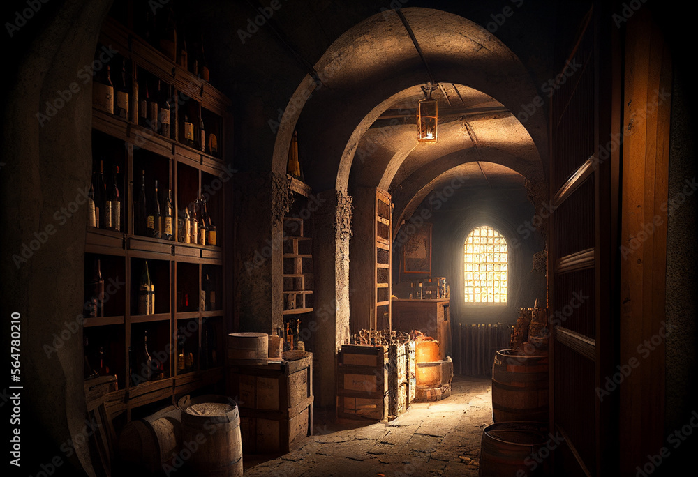 Wine cellar. Barrels and bottles of wine.. Wine cellar. Barrels and bottles of wine..