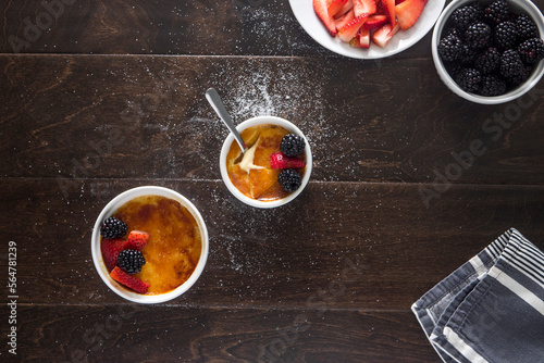 Overhead view of creme brulee on table photo