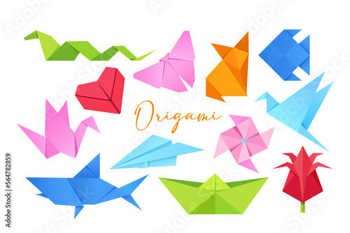 Origami Japanese figures set isolated on white background