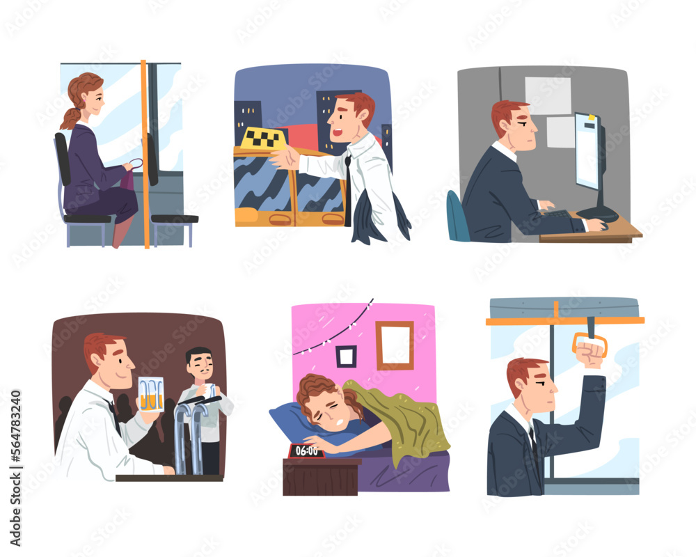 Man and Woman Office Employee Day Routine Scene Vector Set Man and Woman Office Employee Day Routine Scene Vector Set