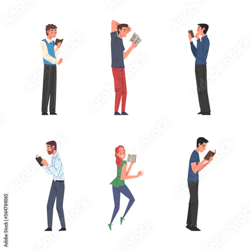 People Characters Standing and Reading Book Vector Set
