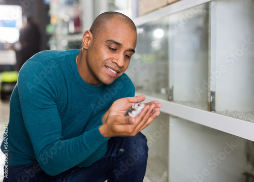Positive man looking at hamsters in pet store