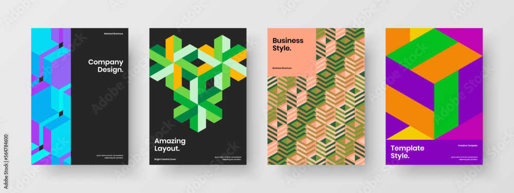 Colorful magazine cover A4 design vector template collection. Original geometric pattern presentation layout bundle.