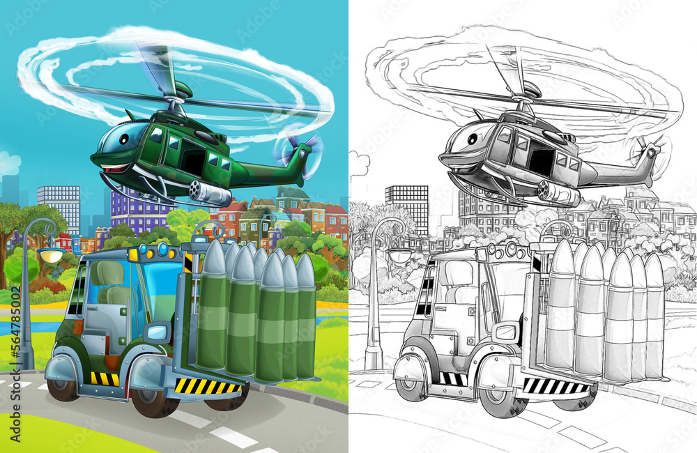 cartoon scene with military army different duty vehicles on the road with sketch  illustration for children