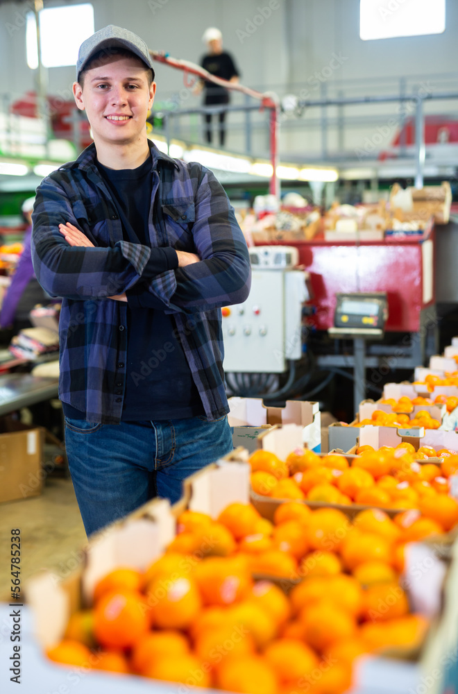 Smiling confident young worker of citrus sorting and packaging factory standing with arms crossed near stack of boxes with selected ripe tangerines