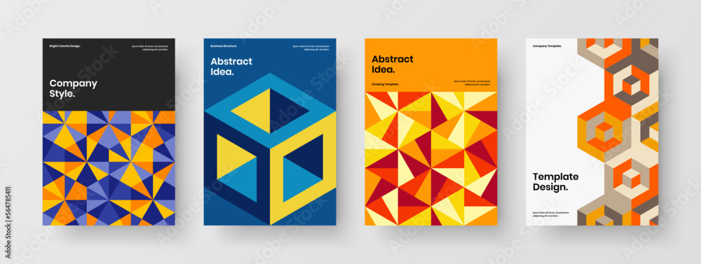 Colorful booklet A4 vector design layout bundle. Trendy mosaic shapes leaflet illustration set.