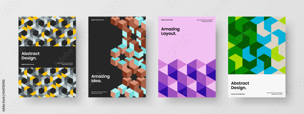Trendy booklet A4 design vector layout set. Multicolored mosaic tiles company identity concept composition.