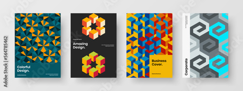Isolated book cover design vector template set. Multicolored geometric hexagons brochure illustration collection.