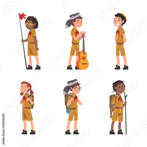 Little Boy and Girl Scout in Uniform Engaged in Adventure Vector Set photo