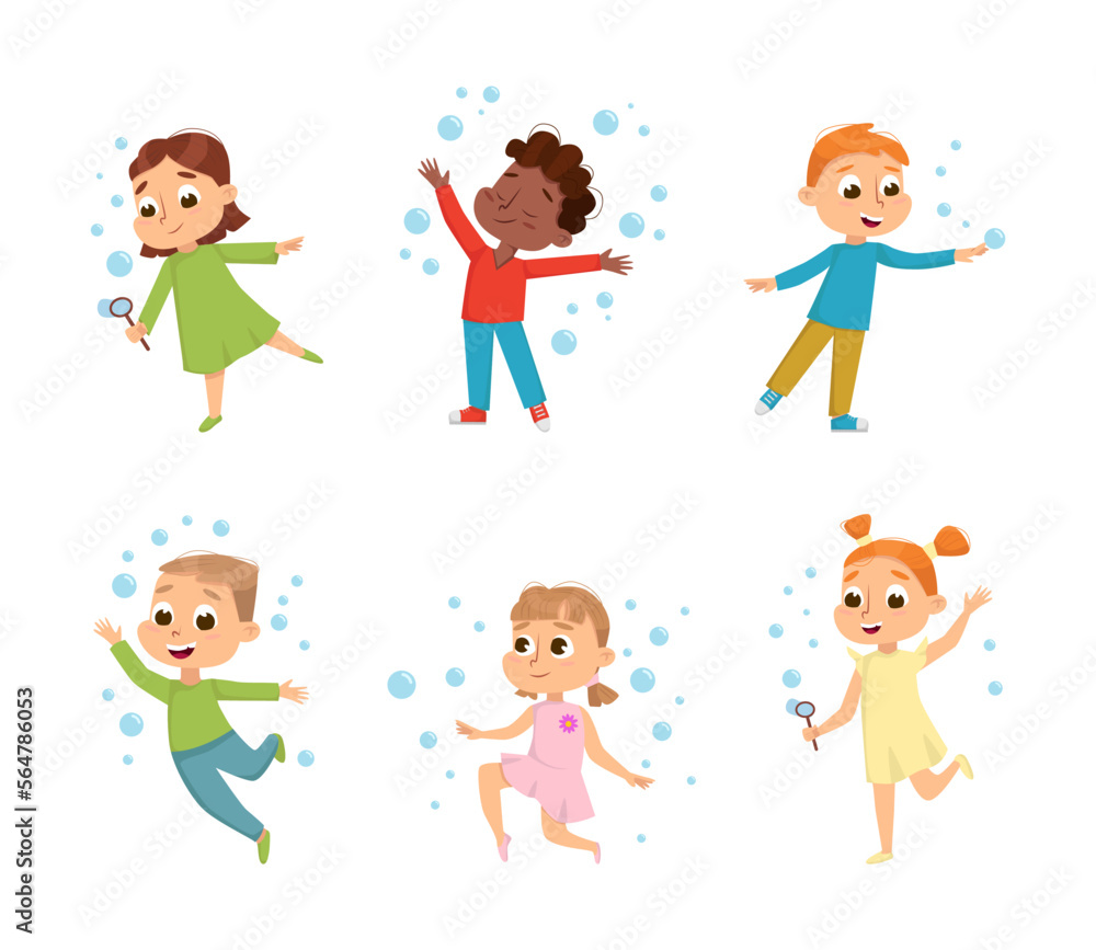 Cute Boys and Girls Blowing Soap Bubbles Having Fun Vector Set