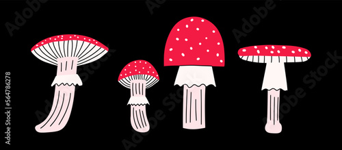 Art set of different fly agarics in the style of hand drawing. Poster, background or icon collection. Vector illustration