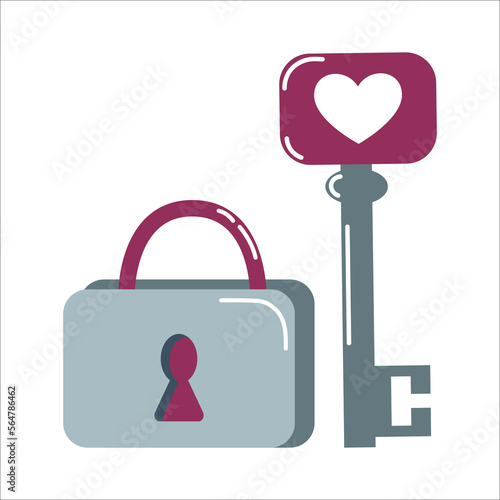 Romantic illustration of a lock with a key in the shape of a heart. Element for romantic design for Valentines Day, open or closed emotions, secret feelings concept. Colorful trendy vector