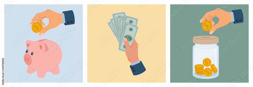 Saving money concept. Business, investment and accumulation money. Hand drawn vector illustration isolated on colored background, flat cartoon style.