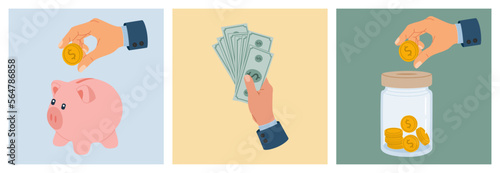 Saving money concept. Business, investment and accumulation money. Hand drawn vector illustration isolated on colored background, flat cartoon style.