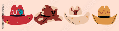 Set of cowboy hats with different ornaments, cactus, horseshoe, stars. Vector hand drawn illustration