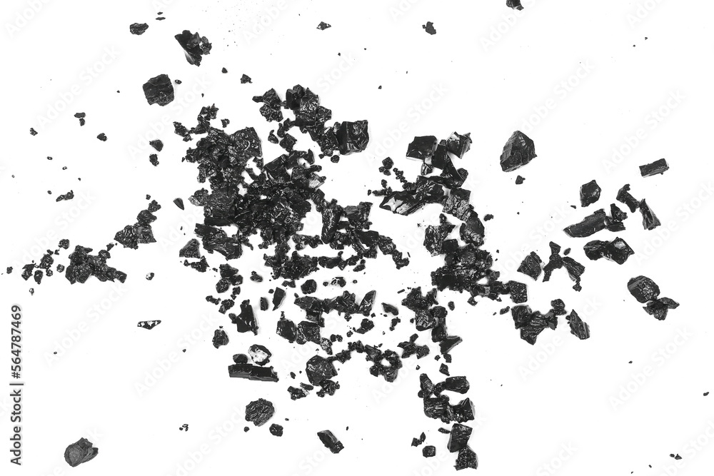 Pile wet black coal isolated on white texture, top view Pile wet black coal isolated on white texture, top view