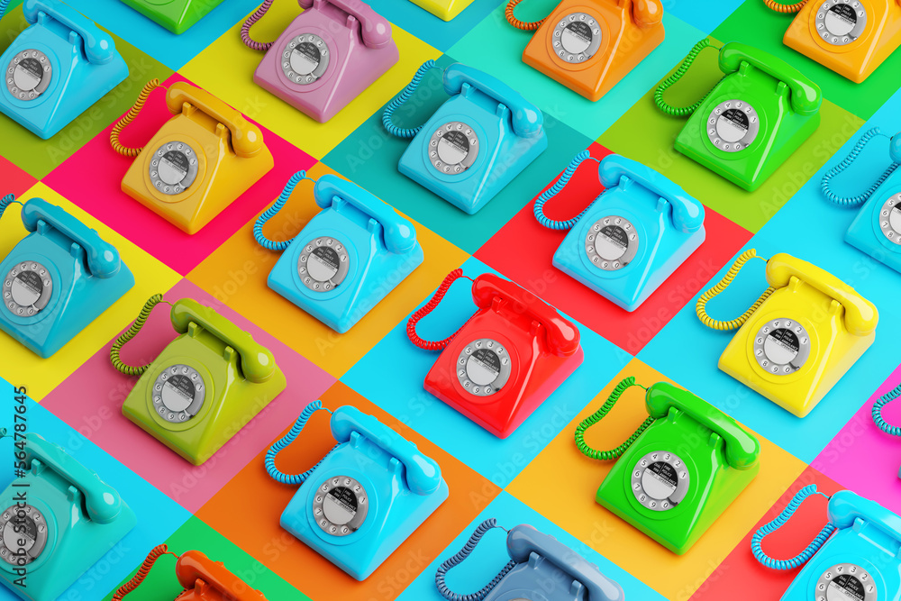 Array of retro rotary telephones in saturated colours on high colour contrast background. Illustration of the concept of telemarketing, call centers, cold calls and communication Array of retro rotary telephones in saturated colours on high colour contrast background. Illustration of the concept of telemarketing, call centers, cold calls and communication