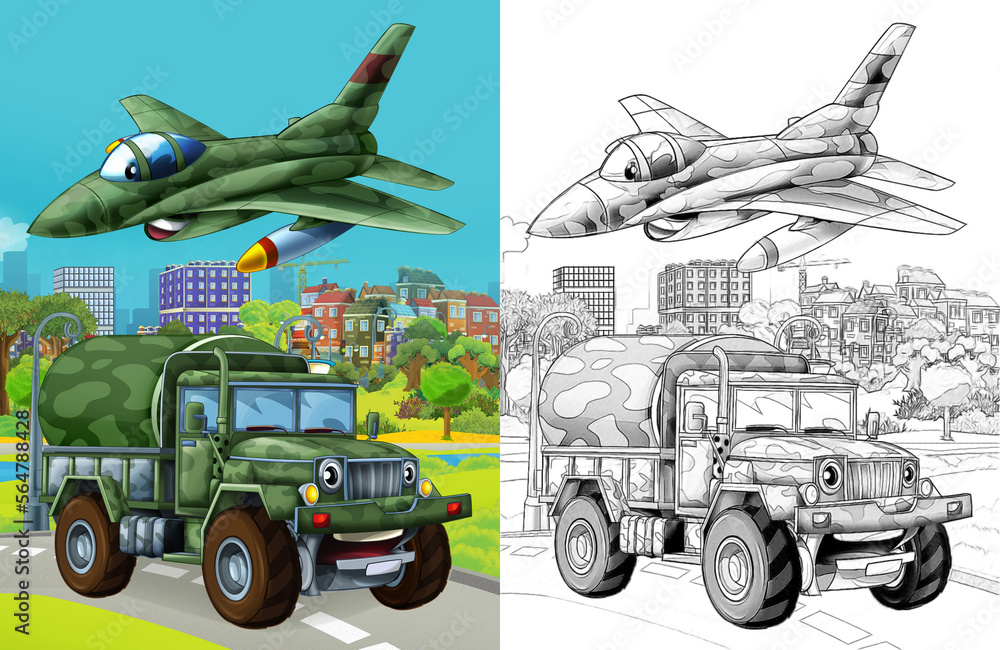 cartoon scene with military army different duty vehicles on the road with sketch  illustration for children