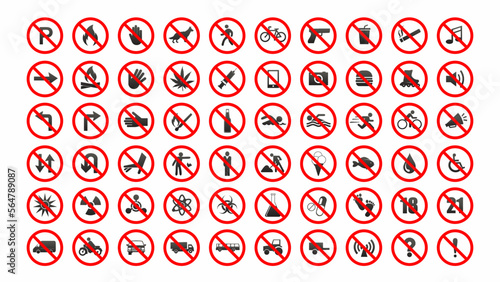Red prohibition sign set. Forbidden signs collection