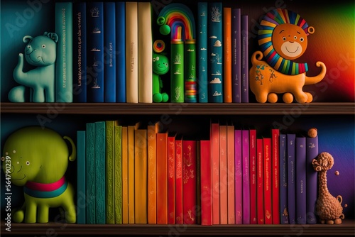 A lot of colorful childrens books standing on the public library, created with Generative AI technology