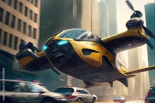 Flying taxi in city traffic, created with Generative AI technology © tookitook