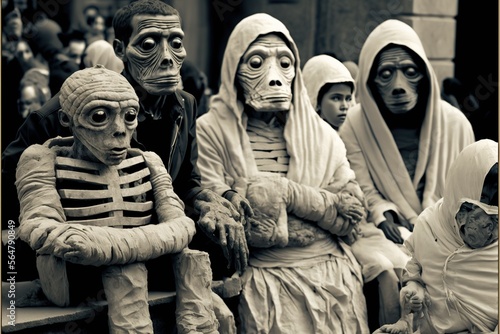 Group of mummies at a protest demonstration, created with Generative AI technology