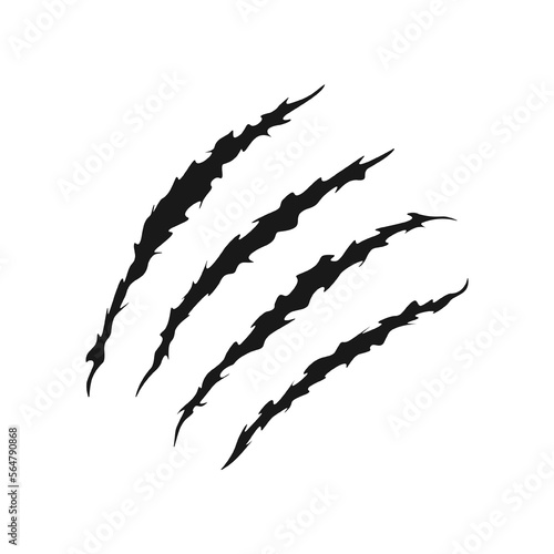 Scratch claws mark icon. Trace of wild animal, monster or dinosaur talons. Sharp torn edges texture isolated on white background. Scary horror symbol. Laceration print. Vector graphic illustration photo