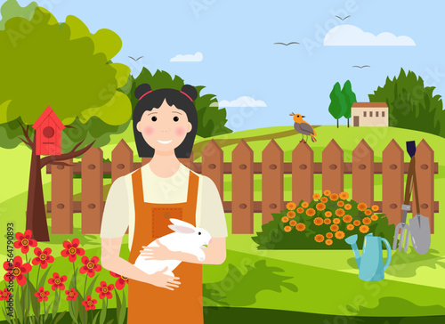 Young cheerful girl with a rabbit in the garden. Summer rural landscape with flowers, trees and a house. Vector illustration of nature. For flyers, shops, brochures and covers, advertising, social
