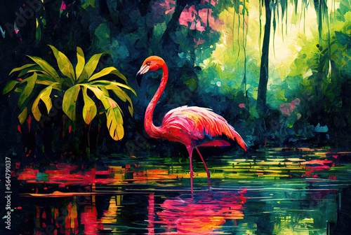 flamingo in water colors stands in the water © davstudio