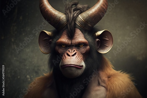 Monkey with cow horns, created with Generative AI technology
