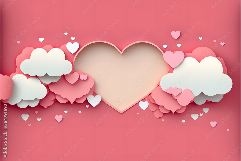 pink sky and paper cut clouds. Place for text. Happy Valentine's day sale header or voucher template with hearts. Rose cloudscape border frame pastel colors